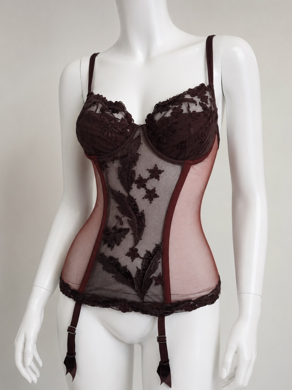 La Perla Sheer Lace Bustier in Brown & Burgundy with garters